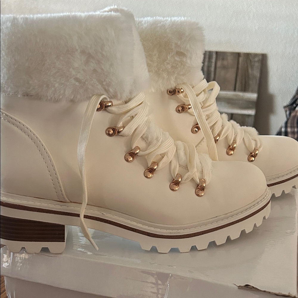 BAMBOO Cream Lace-Up Faux Fur Lug Ankle Boots with Gold Hardware